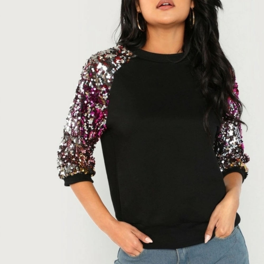 Sequin Sleeve Black Sweatshirt Top Size Large